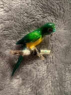 Vintage Green/Yellow Enamel Bird Pin with Red Eye Perched on Branch, excellent